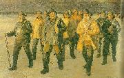 Michael Ancher fiskere vender hjem fra nordstranden i aftensol oil painting artist